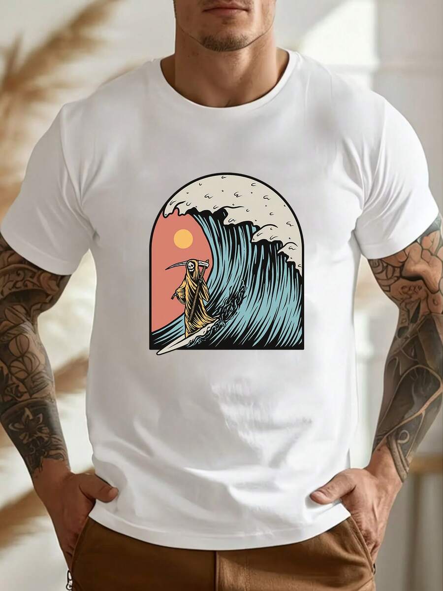 T-shirt graphique à manches courtes en pur coton pour hommes, imprimé de faucheur surfant, tee-shirt décontracté de streetwear d'été - Blanc - Voir 1