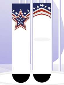 1 Pair 360° Printed Independence Day Theme Mid-Calf Socks, Red & Blue Star Pattern, Unisex - Multicolor - View 5