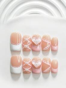 10片甜美女孩風手工穿戴甲，Polygel美甲套組，粉色3D愛心設計，粉色指甲油，清新風格，含美甲工具，3種尺寸可選，方型/短方型/杏仁型，適合派對、跳舞、日常配戴 - 彩色 - 查看 4