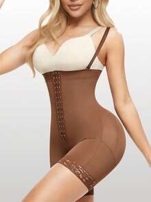 Bodysuit Pembentuk Bokong dengan Resleting di Selangkangan, Celana Pelatih Pinggang Berenda - Coklat - View 8