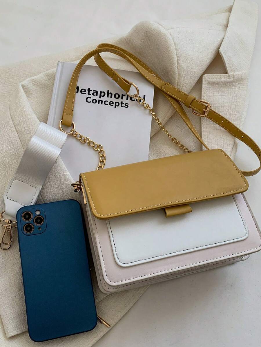 Fashionable Minimalist Versatile Color-Block Layered Shoulder Bag With Chain Strap, Suitable For Young Girls, Shopping, Dating, Evening Party, Daily Commute, Multi-Functional Shoulder Crossbody Bag