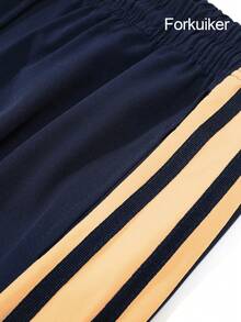 Men's Navy Blue Wide Leg Sweatpants, Contrast Yellow Side Stripes, Elastic Drawstring Waist, Retro Casual Streetwear Style - Navy Blue - View 3