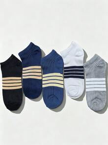 5 Pairs Men's Spring/Summer Black, White, Gray Short Socks, Solid Color & Striped Men's Ankle Socks, Low Vamp Invisible Mesh Men's Short Socks - Multicolor - View 5