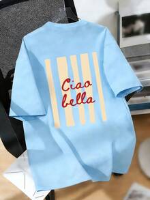 青少年男孩度假風「Ciao Bella」印花T恤，柔軟舒適面料，適合男孩旅行度假穿著、戶外運動與日常穿著，休閒旅行首選，時尚男孩春夏休閒百搭上衣 - 淺藍色 - 查看 4