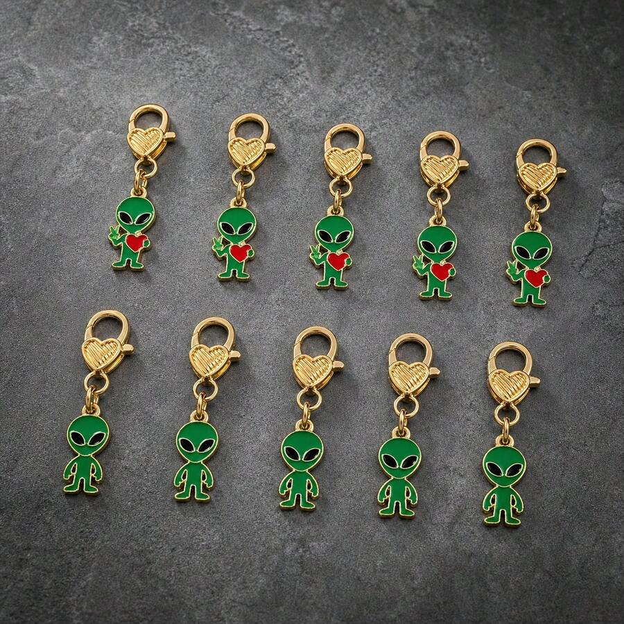 2 piezas/10 piezas Llavero colgante mini alien de aleación con efecto gota de aceite, unisex, personalizable, adorno para bolso - Multicolor - Ver 1