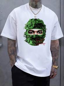Rostro enmascarado verde simboliza misterio urbano con mirada profunda destacando la fuerza personal ideal en esta atractiva camiseta de hombre - Blanco - Ver 1