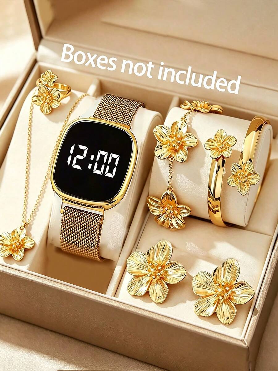 1/7pcs New Magnetic Cube LED Digital Display Wristwatch For Kids, Premium Floral Jewelry Accessory, Suitable For Kids High-End Occasions, Silent