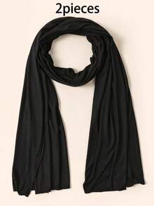 2pcs Soft Solid Color Headscarf Mercerized Cotton Solid Color Long Scarf Arabic Muslim Knitted Headwrap Jersey Hijab - Black 2-pack - View 2