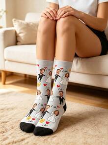 Unisex Mid-Calf Custom Face Socks, White Body With Black Toe Cap, Printed With Wedding Couple Cartoon Face, Red Heart And "I Do!" Text - Multicolor - View 3
