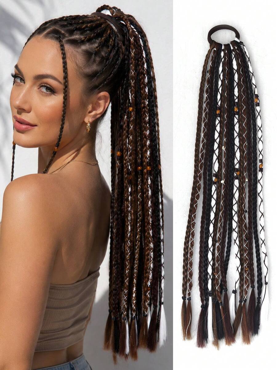 24 Inch 15-Strand Bohemian Style Braided Ponytail Wig, Handmade Dreadlocks, Boxing Crochet Braids, Beaded Hair Accessories, Colorful Braided Hair