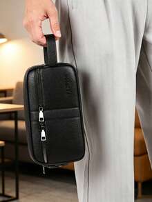 Bolso de muñeca de moda para hombres, diseño de múltiples compartimentos, gran capacidad de almacenamiento de documentos, uso dual para negocios y casual - Negro - Ver 7