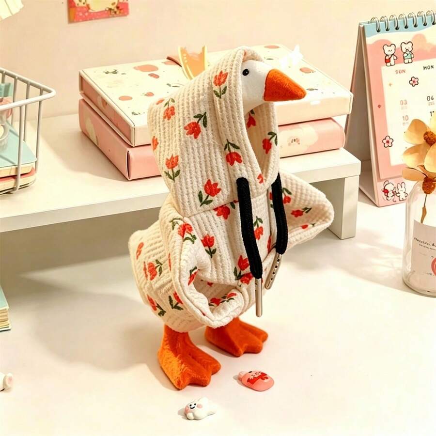 7 Inch Desk Goose Outfit Floral Print/Frog Ears Decor Hooded Sweatshirt For Indoor Tabletop Decor - White - View 1