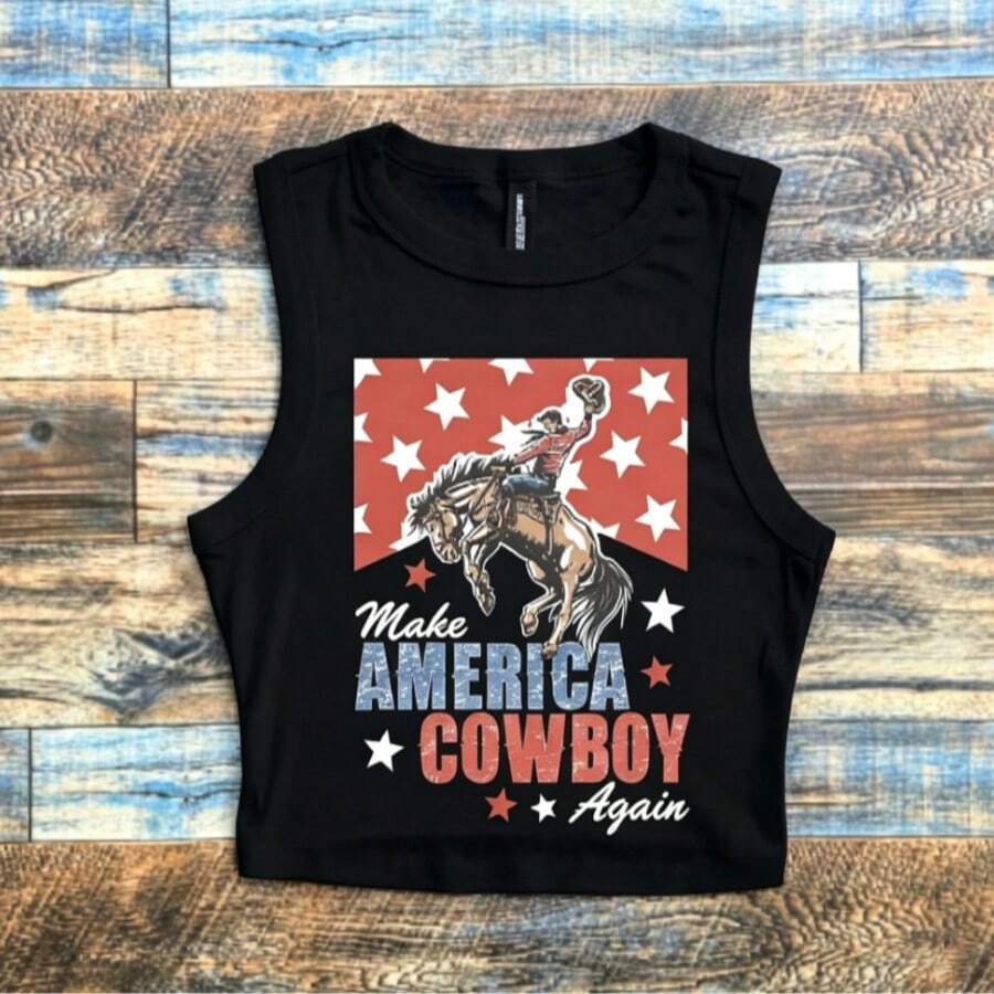 Make America Cowboy Again Cropped Tank Top, Fourth Of July Cropped 90s Tank, Patriotic Cowboy Tank Top For July 4th, Tank Top Summer Tops For Women - 黑色 - 查看 1