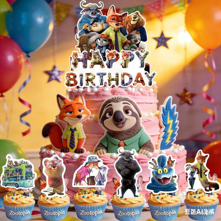 Decoraciones de pastel de cumpleaños con tema de animales lindos, decoración de pastel de estilo de dibujos animados, adecuado para fiestas de cumpleaños y fiestas temáticas - Ver 1