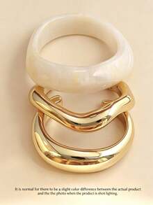 1pc/3pcs Women's Gold & Cream Elegant Open Asymmetrical Bangle Bracelet, Minimalist Unique High-End Jewelry, Hypoallergenic, Suitable For Daily Wear, Vacation And Gifting - Multicolor - View 4
