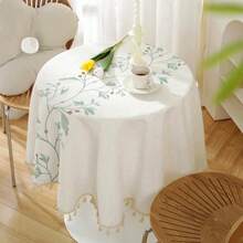 Embroidered Round Tablecloth, Floral Dust-Proof Tablecloth, For Kitchen, Dining Room, Party, Birthday Table Decoration - Mint Blue - View 5