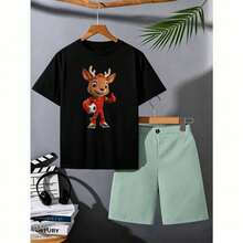 Unisex Black T-Shirt With Soccer Deer Print, Casual Short Sleeve Shirt For Men, Women And Children 1W4O - 黑色 - 查看 1