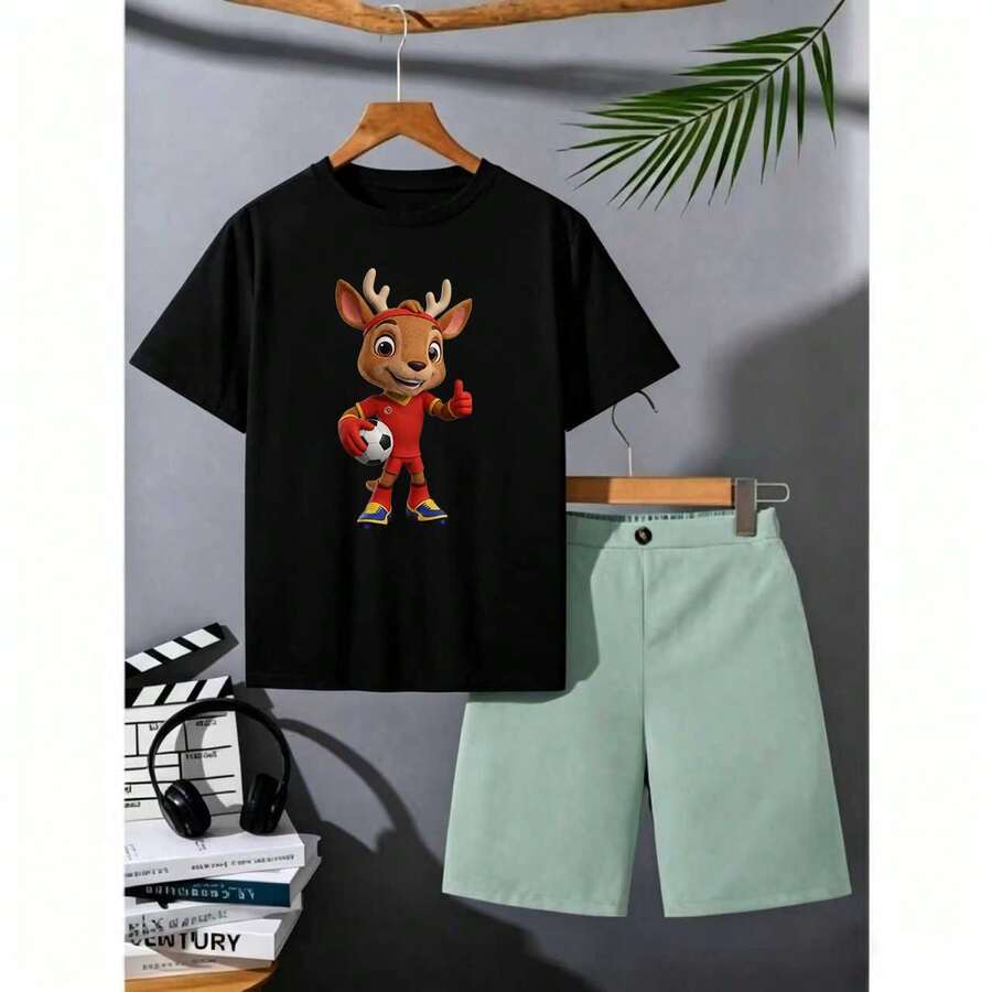 Unisex Black T-Shirt With Soccer Deer Print, Casual Short Sleeve Shirt For Men, Women And Children 1W4O - 黑色 - 查看 1