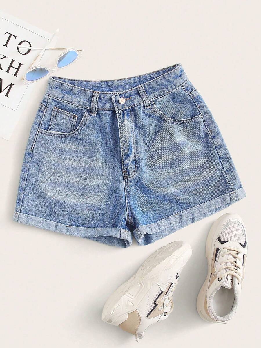 Summer Rolled-Up High-Waisted Denim Shorts - Hot Pink - View 1