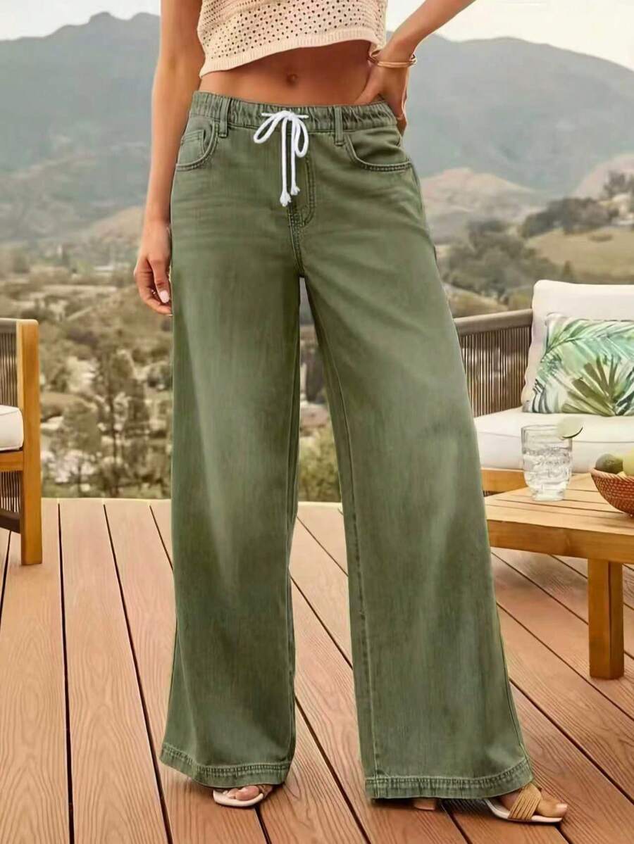 女款休閒綠色直筒牛仔褲,抽繩腰帶附口袋,中等彈性波希米亞風長褲,適合秋季穿著 - 綠色 - 查看 1