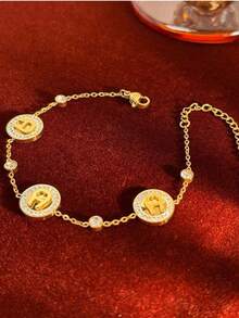 1件不鏽鋼金色梅花四葉草五葉花手鍊，18K鍍金珍珠母貝女款手鍊，優雅奢華水鑽設計，小眾珠寶好友禮物 - 圓鑽A - 查看 1
