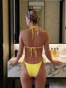 Summer Tropical Island Solid Color 2-Piece Bikini - Halter Triangle Top + Side Tie Bottoms | Yellow Sexy Beach Party Swimwear - Yellow - View 3