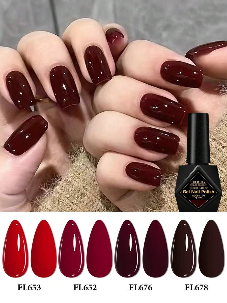FOUR LILY Conjunto de 4 Vernizes de Gel para Unhas 10 ml Vermelho Vinho e Castanho, Soak Off UV LED Semiperpermanente, Borgonha Escuro, Brilho Elevado, Longa Duração, Art Nails, Manicure para Casamento, Festa, Salão, DIY em Casa, Presente para Amantes de Nail Art, Mulheres