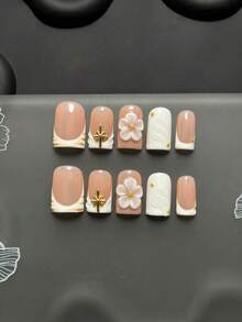 Conjunto de 10 Peças de Unhas Postiças Feitas à Mão, Estilo Y2K, Manicure Francesa Branca Quadrada com Flores Brancas 3D, Tachas de Estrela Dourada, Padrões de Mármore e Texturas em Relevo de Folhas. Reutilizável, Adequado para Uso Diário/Feriados. Unhas - Multicolorido - Visão 2