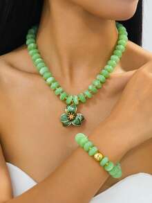1pc Women's Resin Mixed Color Bracelet & 1pc Asymmetric Floral Necklace Set - Flower Shape - View 8