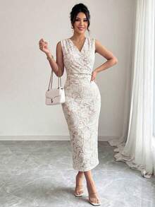 Vestido blanco para mujer, de verano, elegante, para invitada de boda, sin mangas, cuello en V, cintura ceñida, ajustado, con fruncido, estam - Blanco - Ver 8