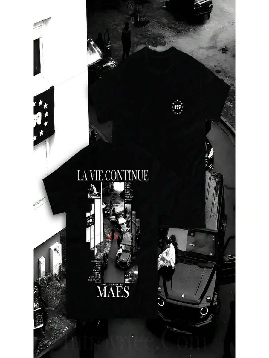 2025Summer Rapper Maes La Vie Continue Album Men T Vintage Hip-Hop Style Short-Sleeve Loose Casual Shirt - 黑色 - 查看 1