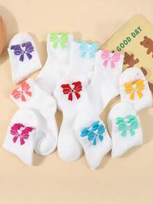 5 Pairs Random Cute Cartoon Colorful Bow Breathable Girls Socks, Regular Thickness, Suitable For Spring, Summer And Autumn, Versatile Fashion Campus Socks - Multicolor - View 5