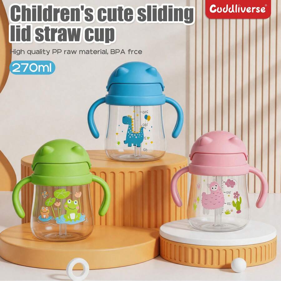 1pc 270ml Cartoon Straw Sippy Cup, Bear Design, Leak-Proof Straw Balance Cup With Handle, Suitable For 6 Months+, Silicone Straw, Clear Scale - Multicolor - View 1