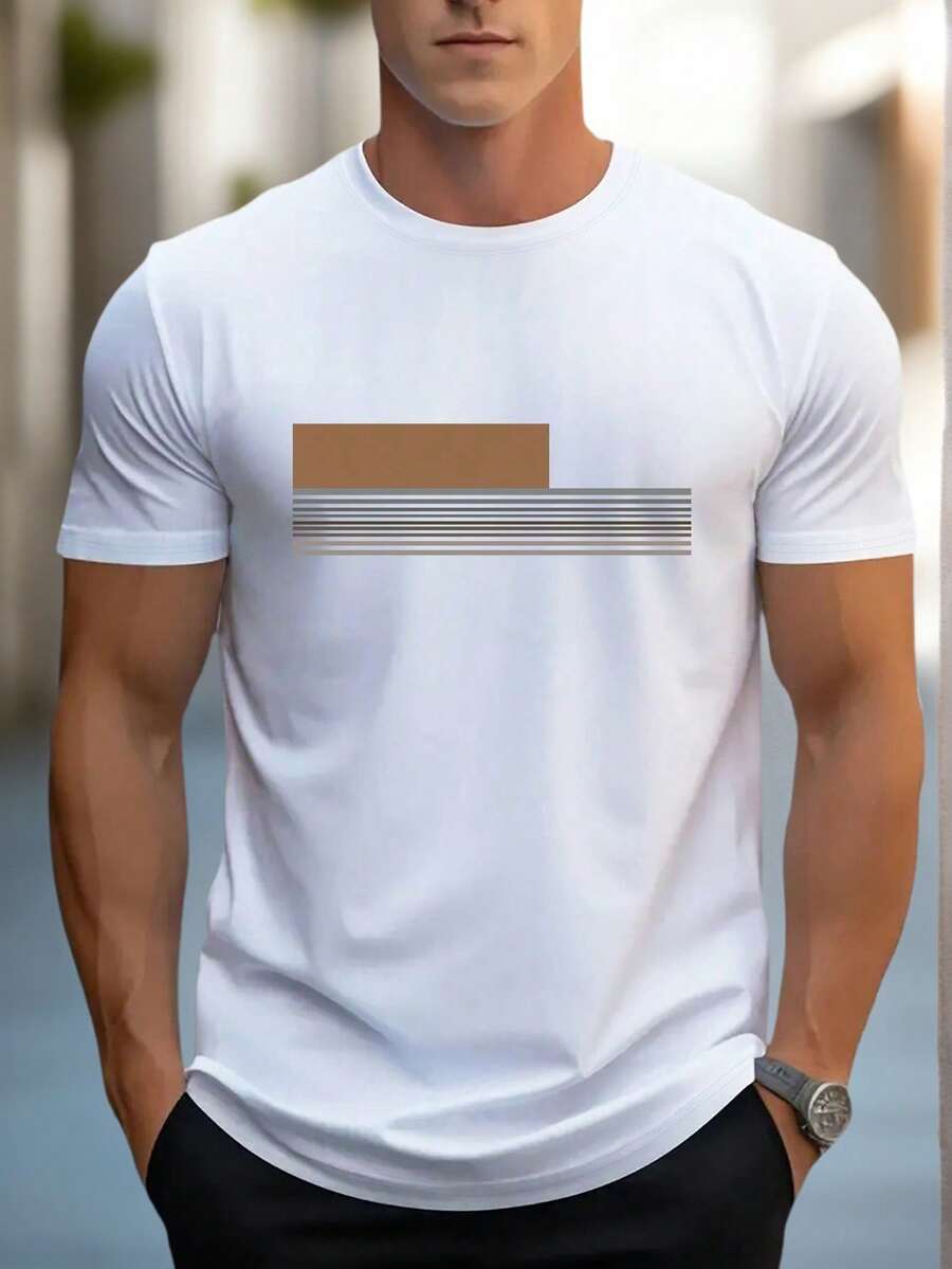 Camiseta de manga corta de cuello redondo con estampado de rayas casual de verano para hombre - Blanco - Ver 1