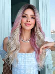 26 Inch Pink Gradient Gold Woven Synthetic Wig - Long Wavy Style Without Bangs; Made Of Heat-Resistant Material, Featuring Fluid Water Wave Texture - Perfect For Photography, Theme Parties, Music Festivals And Other Occasions - 挑染金色 - 查看 1