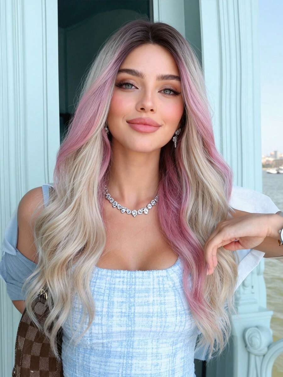 26 Inch Pink Gradient Gold Woven Synthetic Wig - Long Wavy Style Without Bangs; Made Of Heat-Resistant Material, Featuring Fluid Water Wave Texture - Perfect For Photography, Theme Parties, Music Festivals And Other Occasions - 挑染金色 - 查看 1