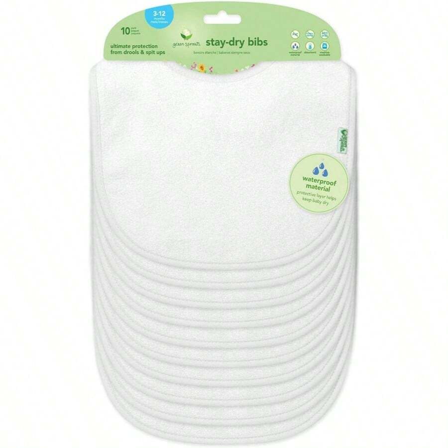 Stay - dry Bibs 10 pack Ultimate from drools spit ups Waterproof inner layer, Knitted terry cotton and polyester, washable - Blanco - Ver 1