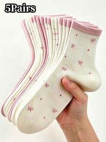 5雙四季通用女款粉色蝴蝶結波點圖案中筒襪，適合日常穿著 - 彩色 - 查看 5