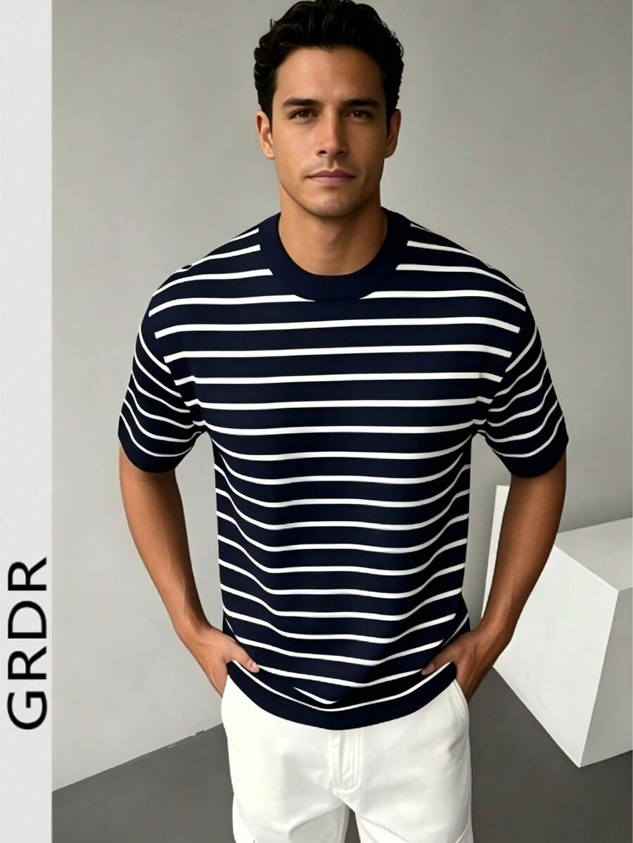 GRDR Men's Casual Navy Blue & White Striped T-Shirt - Simple & Fashionable Short Sleeve For Summer - Navy Blue - View 1