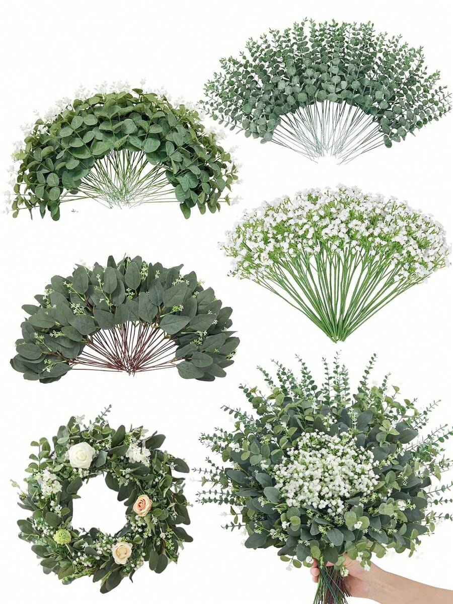 Ramas de hojas de eucalipto artificiales, follaje artificial, flores artificiales, adecuadas para ramos de boda, accesorios de coronas, arreglos florales, decoración del hogar, decoración del dormitorio, adornos del hogar, decoración del jardín - Multicolor - Ver 1