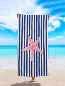 1pc Blue Striped Beach Towel, Minimalist Striped Starfish Print Large Beach Towel, Ultra-Fine Fiber Quick-Dry Absorbent Sand-Resistant Beach Towel, Towel, Suitable For Travel, Swimming Pool, Diving, Surfing, Yoga, Camping, Beach Party And Party Decoration Beach Towel, Summer Beach Travel Essential, Vacation Bathroom Decoration Water Party Multi-Functional Beach Towel - Dark Blue Stripes - View 7
