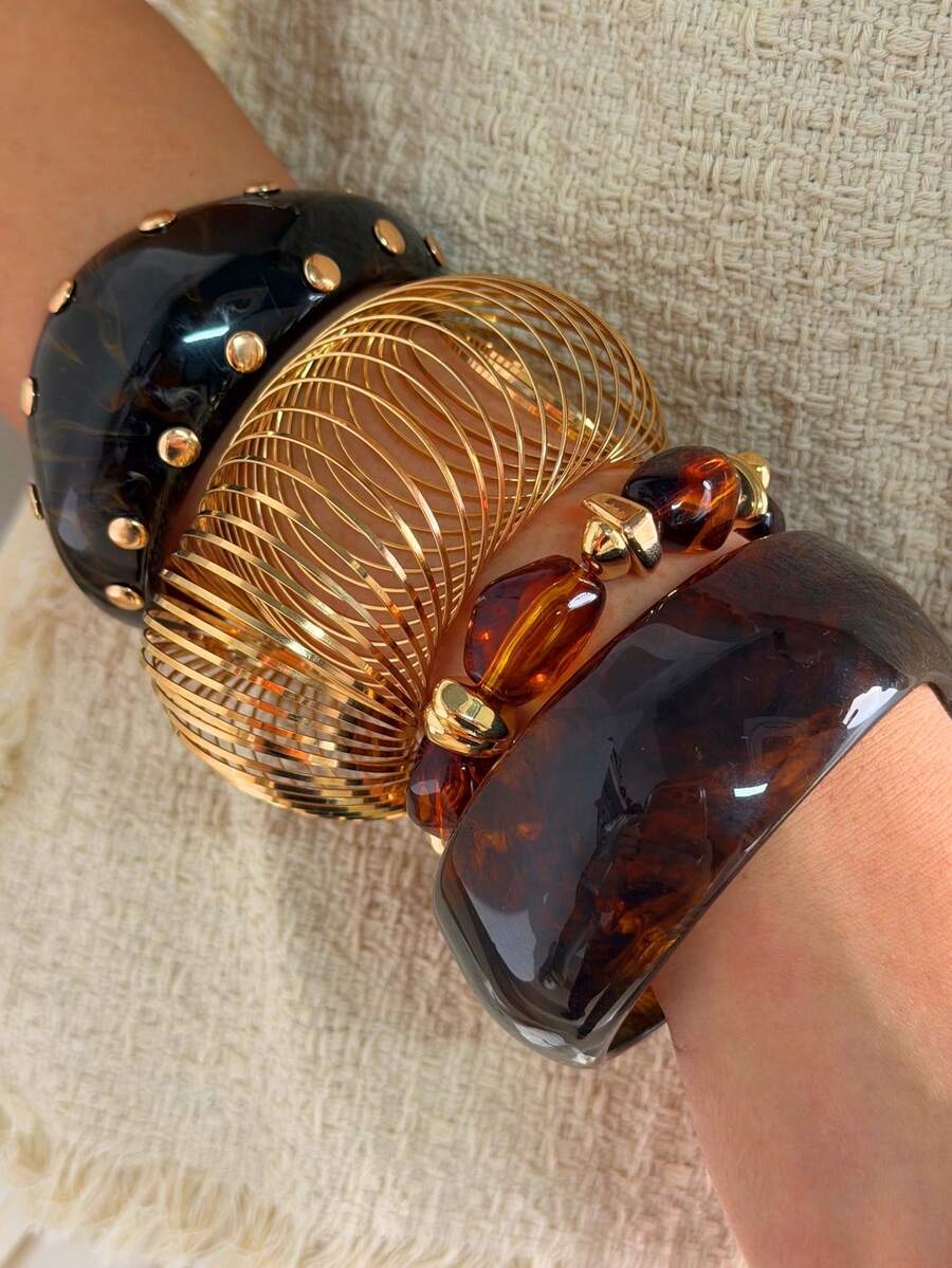 4pcs/Set Casual Holiday Fashion Minimalist Exaggerated Unique Personalized Exquisite Versatile Amber Color Metal Rivet Resin Bracelet Set For Women Daily Wear Festival Party Jewelry - Multicolor - View 1