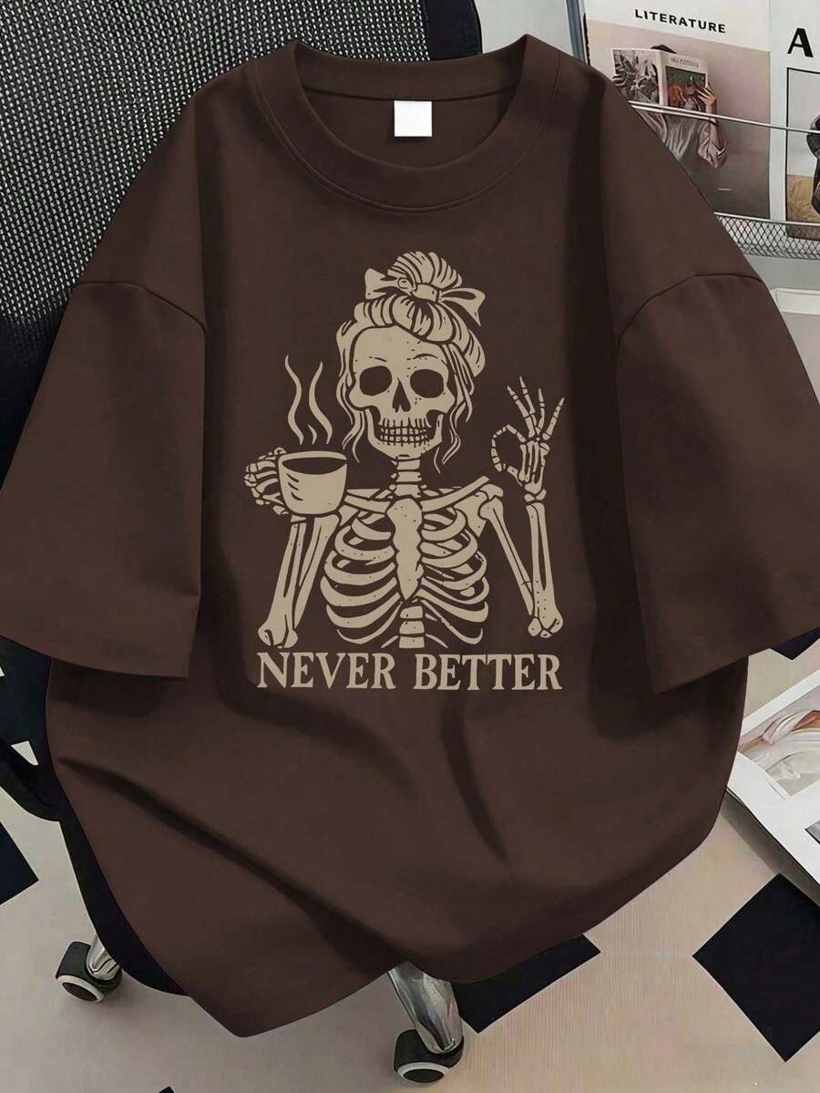 Camiseta de cuello redondo con estampado de calavera, camiseta de manga corta para mujer talla., Regalo de Año Nuevo, Regalo del Día de San Valentín, Disfraz de Carnaval Casual Negro - Café integral - Ver 1