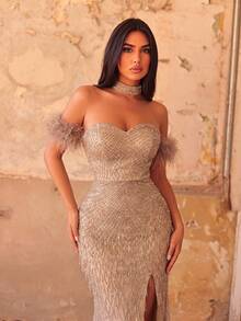 Faeriesty Splendidi abiti da cerimonia e da sera con collo choker, orlo a sirena, frange e perline, per matrimoni, feste e autunno - Champagne - Visualizzare 3