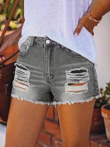 European And American Spring/Summer New Design Personalized Street Ripped Straight Washed Frayed Hem Women Denim Shorts Casual - Light Grey - View 3