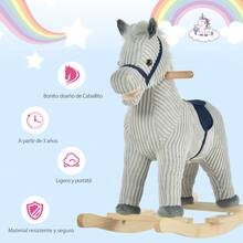 HOMCOM Caballito Balancín Infantil para Niños de +3 Años Caballo Mecedora de Felpa con Sonidos de Relincho y Galope Base de Madera Carga 45 Kg 73x35x64 cm Azul y Rayas Gris - Azul y Gris - Ver 2