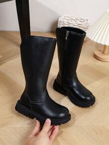 Autumn/Winter Girls' Solid Color High-Top Fashion Boots, Side Zipper Easy On/Off Thick Sole Anti-Slip Long Boots, MinimalistHigh-Top Riding Boots - Black - View 1
