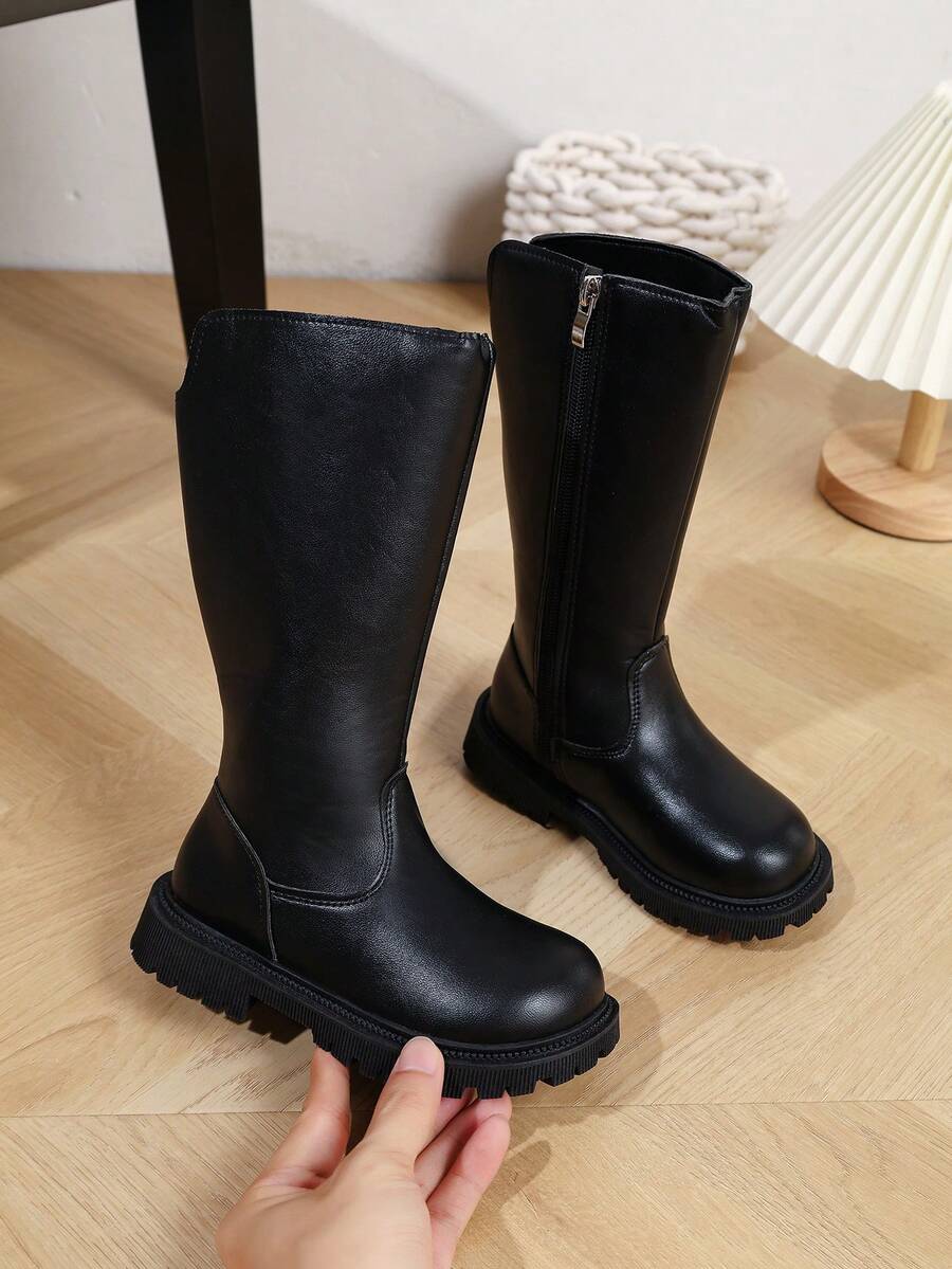 Autumn/Winter Girls' Solid Color High-Top Fashion Boots, Side Zipper Easy On/Off Thick Sole Anti-Slip Long Boots, MinimalistHigh-Top Riding Boots - Black - View 1