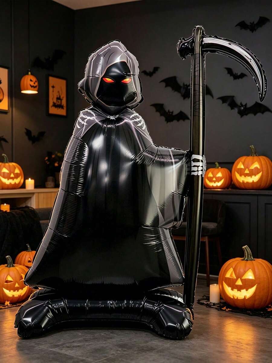 1PC 62 Inch Halloween Standing Scythe Grim Reaper Foil Balloon, Halloween Decoration, Graduation Party Decor, Party Photography Prop And Back To School Supplies - 1 PC Standing Death Aluminum Foil Balloon - View 1