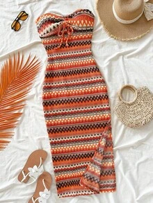 Vestido de mujer a rayas con frente plisado y lazo, atuendos de playa y vacaciones, atuendos de primavera y verano para mujeres - Multicolor 2 - Ver 1